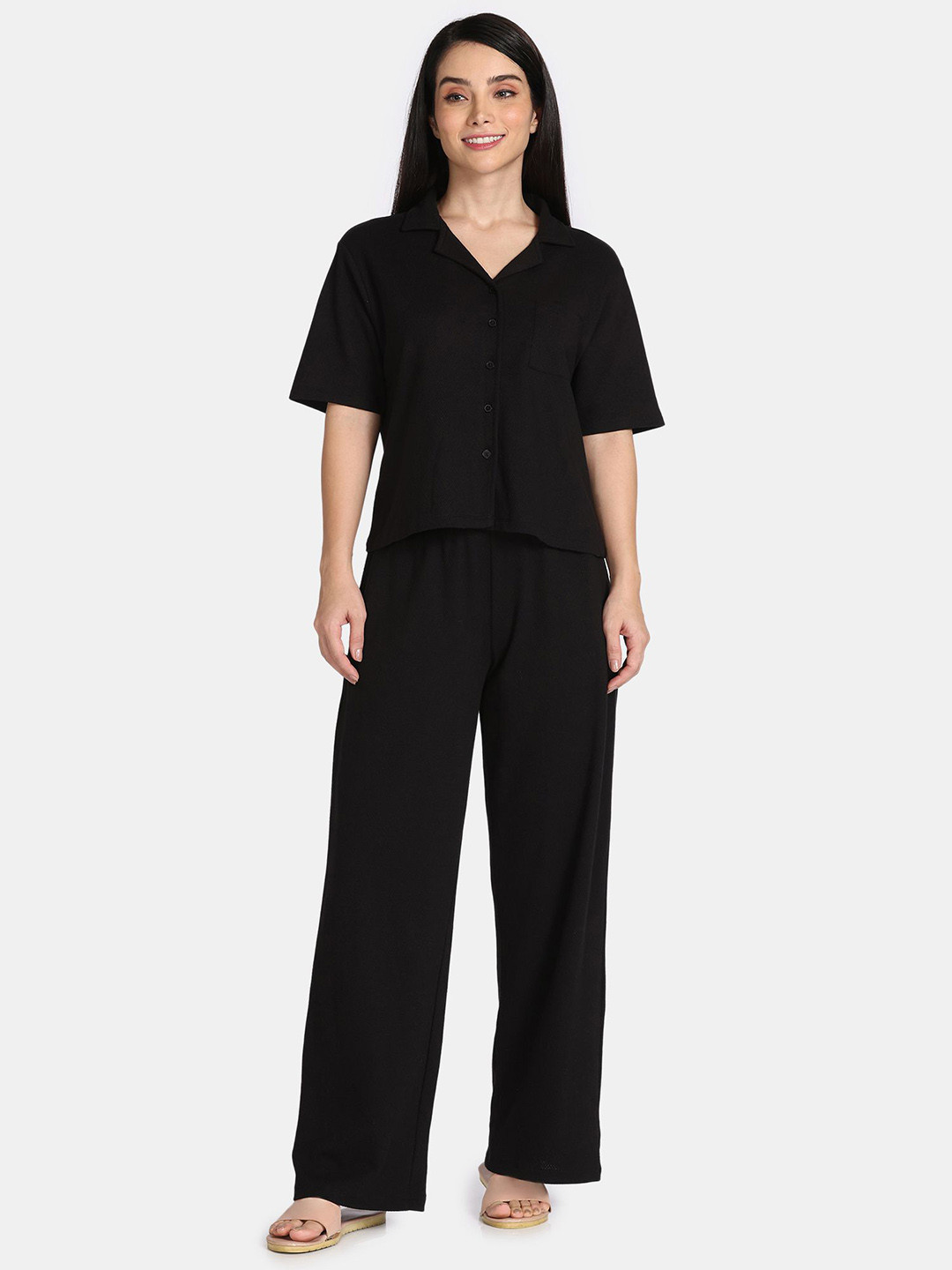 

Zivame Women Pure Cotton Shirt & Trousers Co-Ords, Black