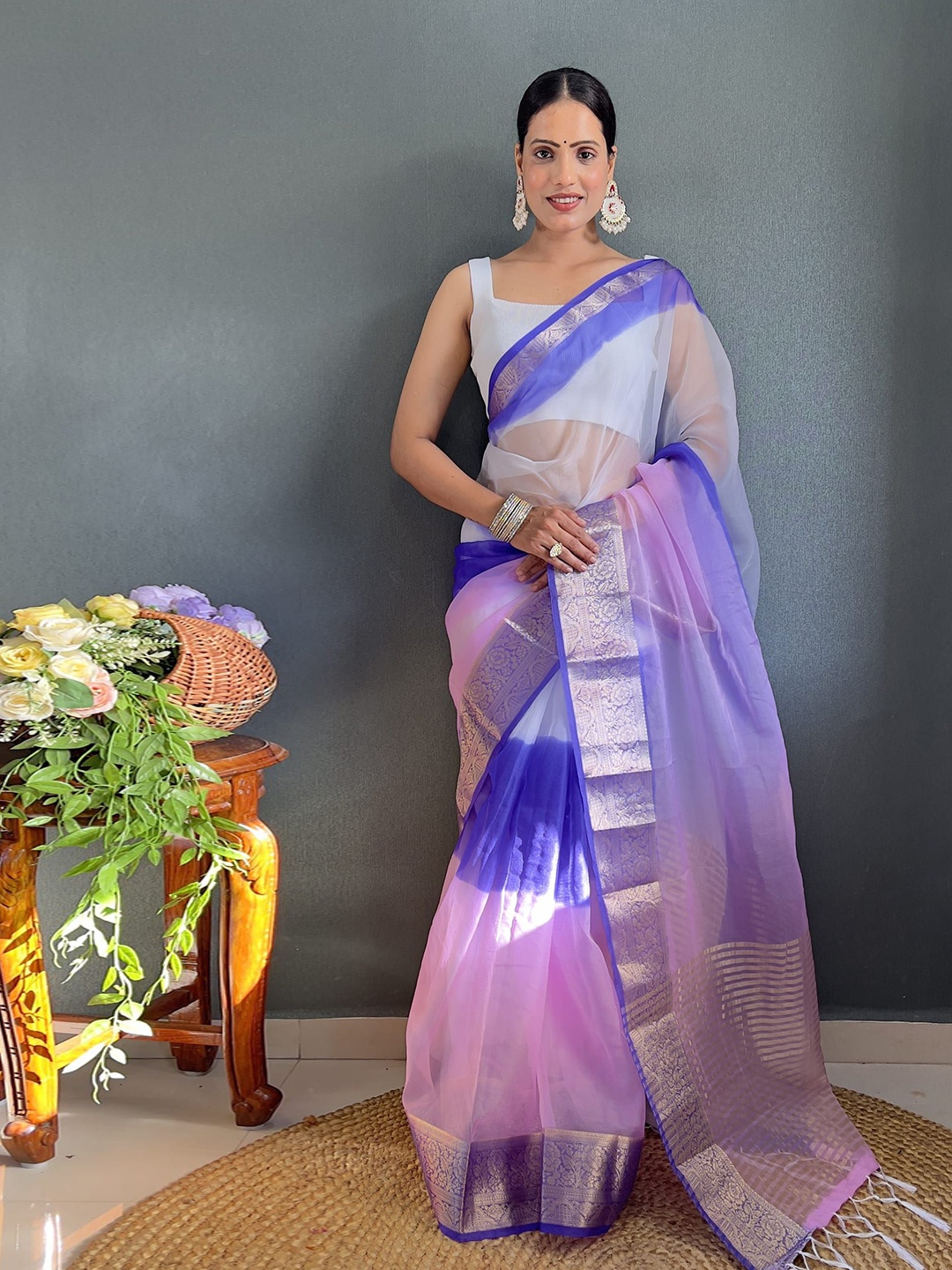 

V3 FASHION STUDIO Tie and Dye Zari Organza Leheriya Saree, Blue