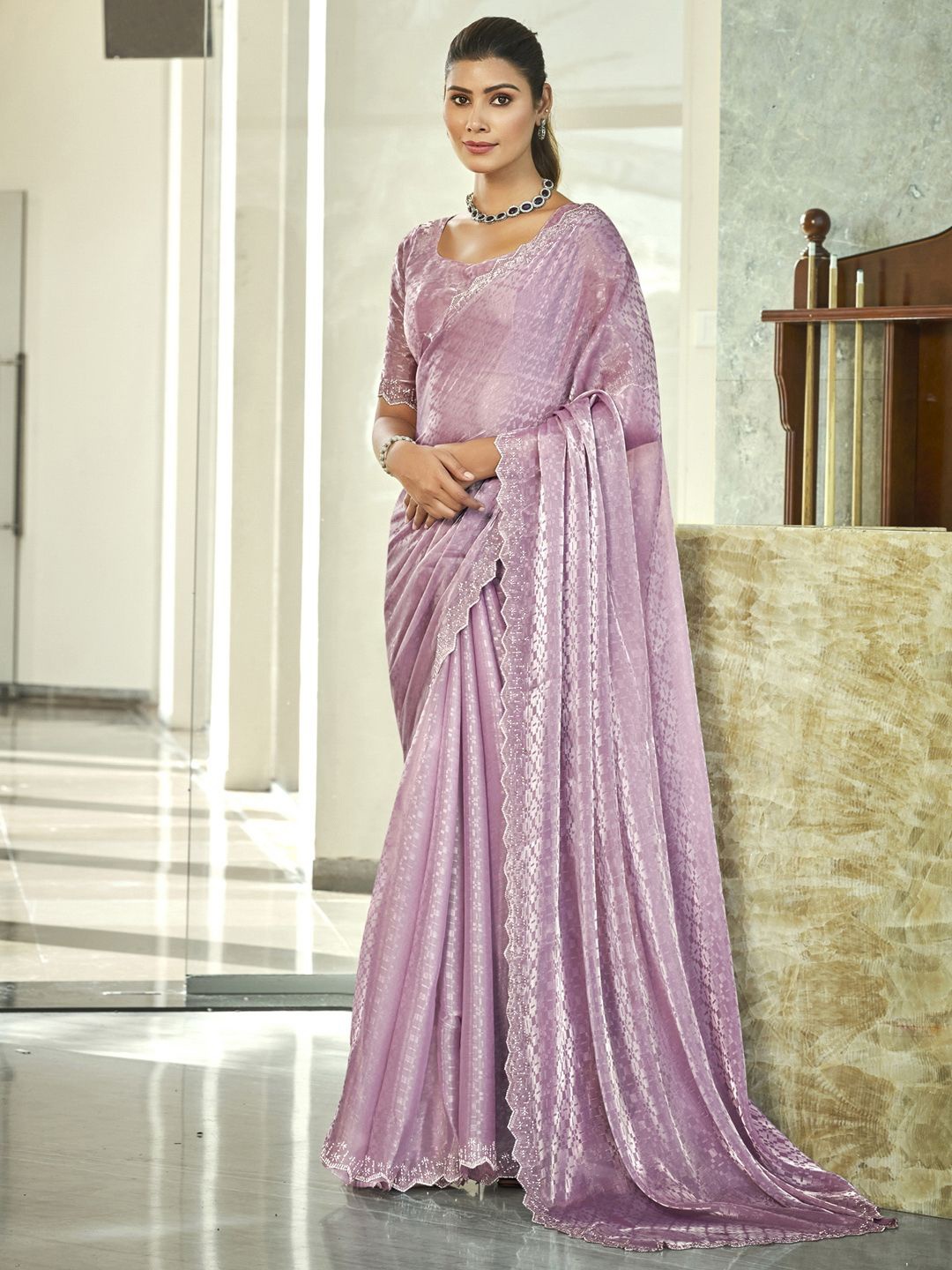 

Stylee LIFESTYLE Embellished Beads and Stones Saree, Lavender