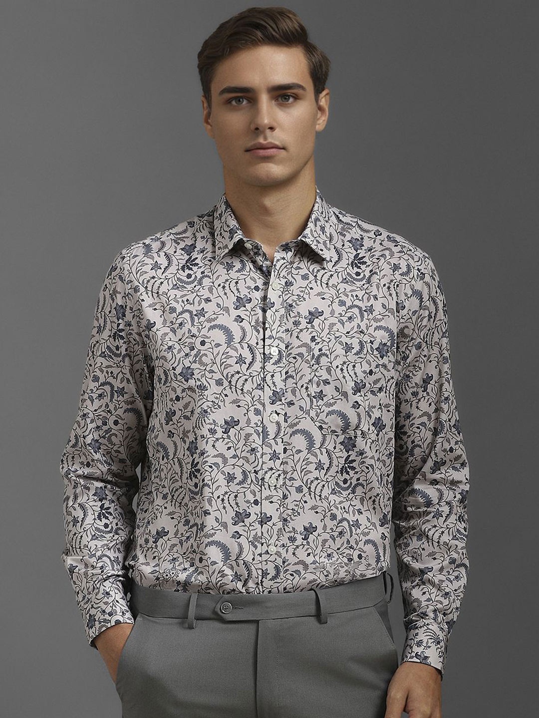 

Louis Philippe Men Classic Floral Opaque Printed Formal Shirt, Grey