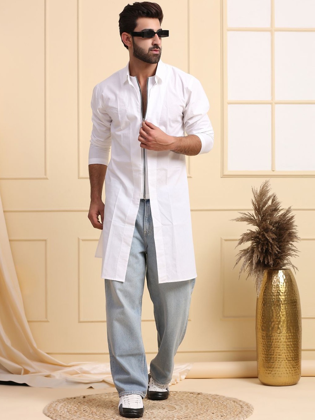 

MIDAV Shirt Collar Cotton Pathani Kurta, White