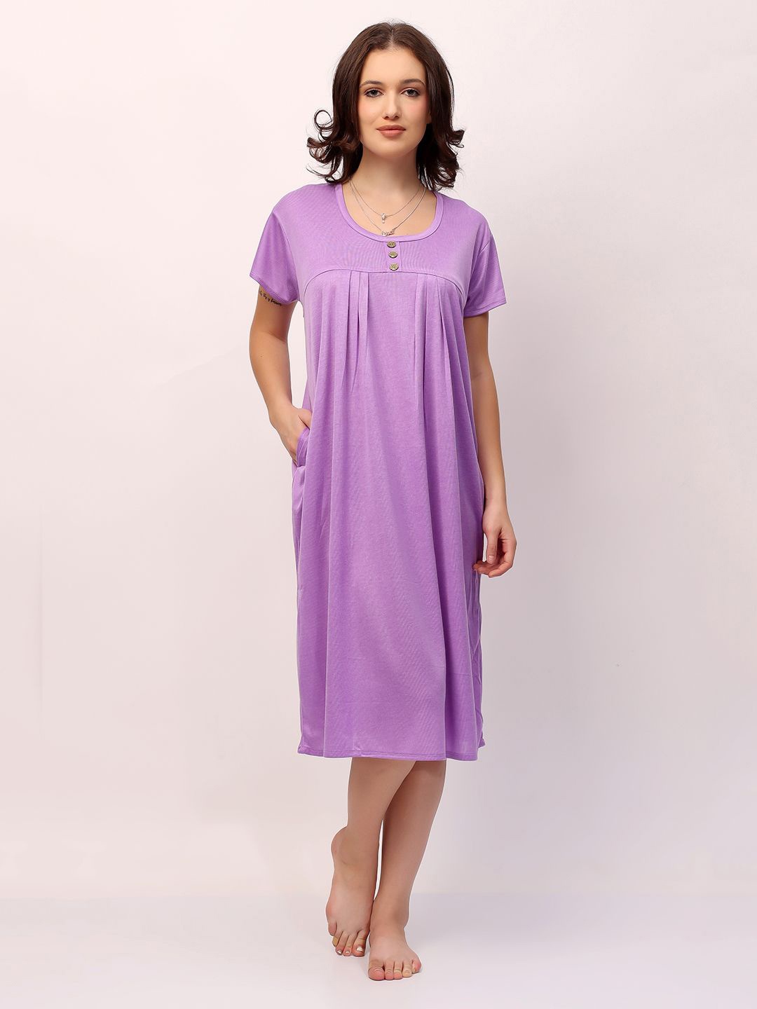 

NIGHT KEYS Women Round Neck Maxi Sweat Nightdress, Lavender