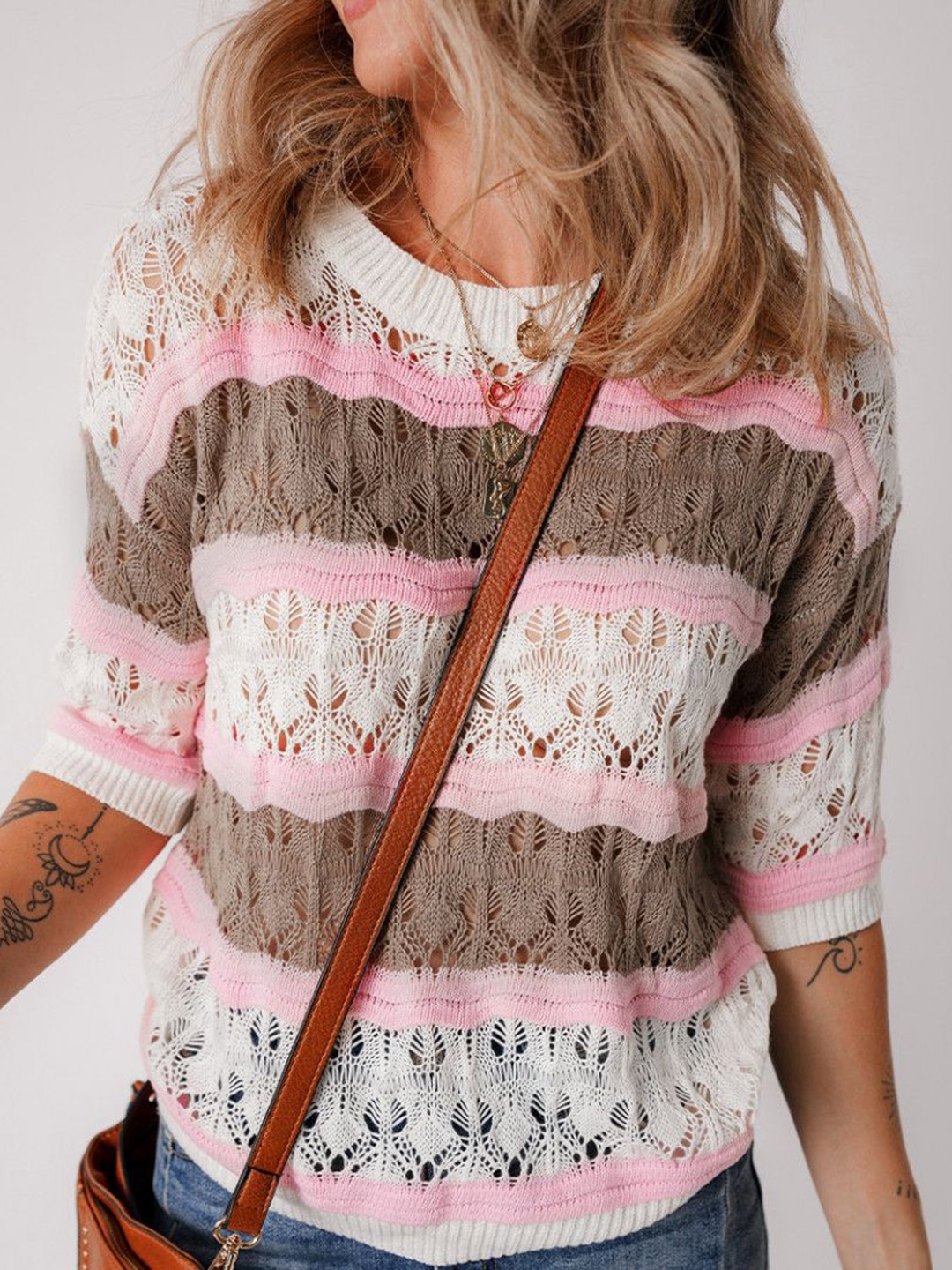 

HERE&NOW Women Open Knit Pullover, Pink