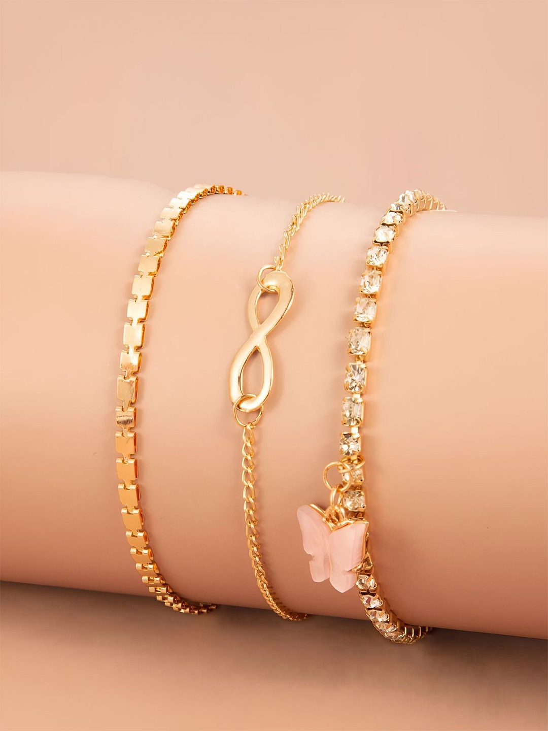 

Goho Set Of 3 Gold-Plated Stone Studded Multistrand Bracelets