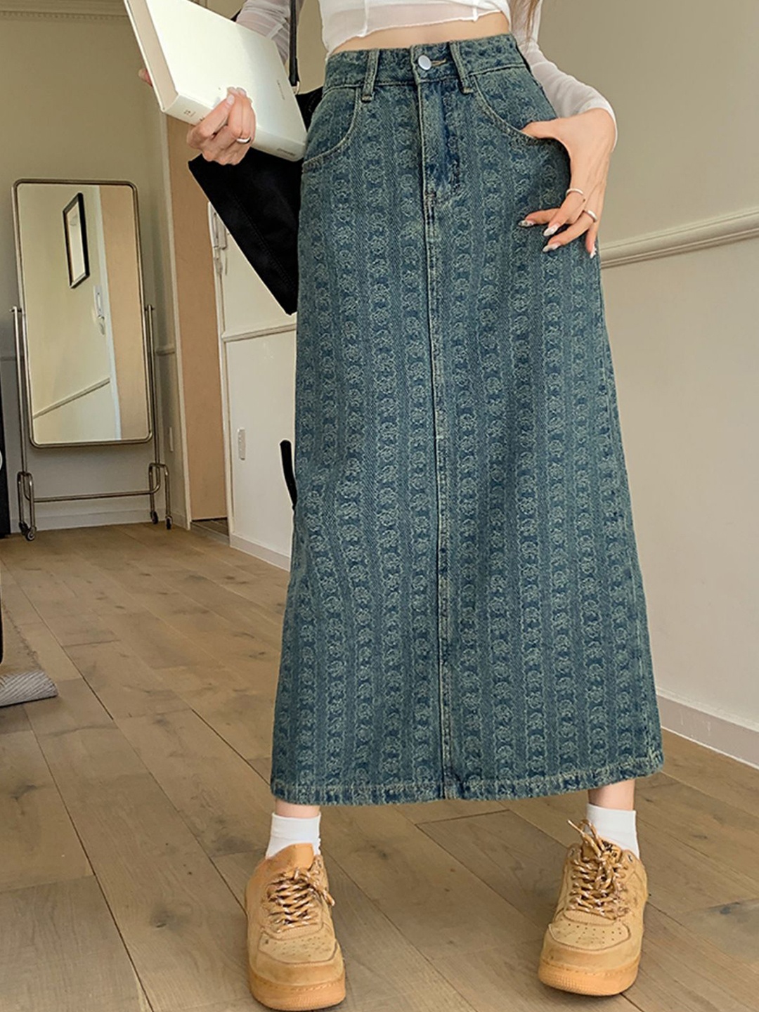 

StyleCast Women Printed Denim Straight Maxi Skirt, Blue