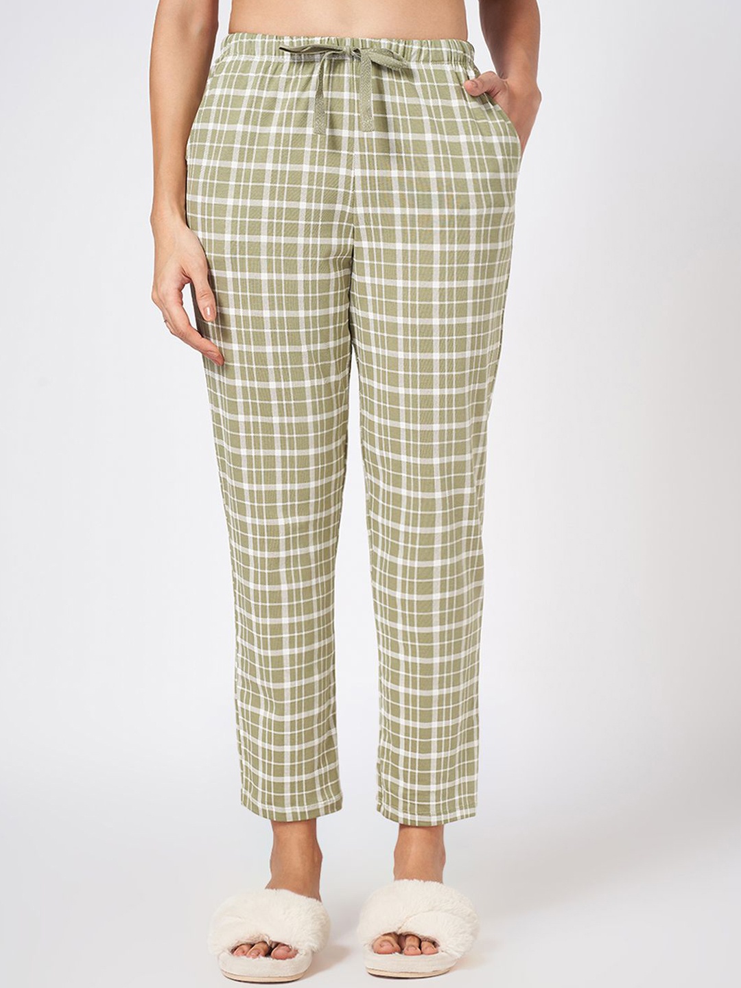 

Dreamz by Pantaloons Women Checked Pure Cotton Straight Lounge Pants, Olive