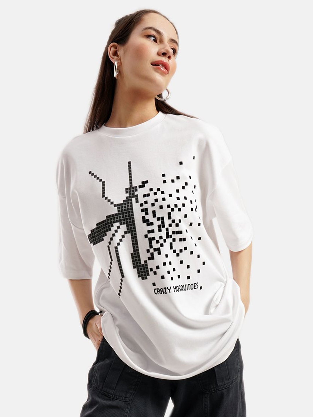 

Crazy Mosquitoes Women Printed Raw Edge T-shirt, White