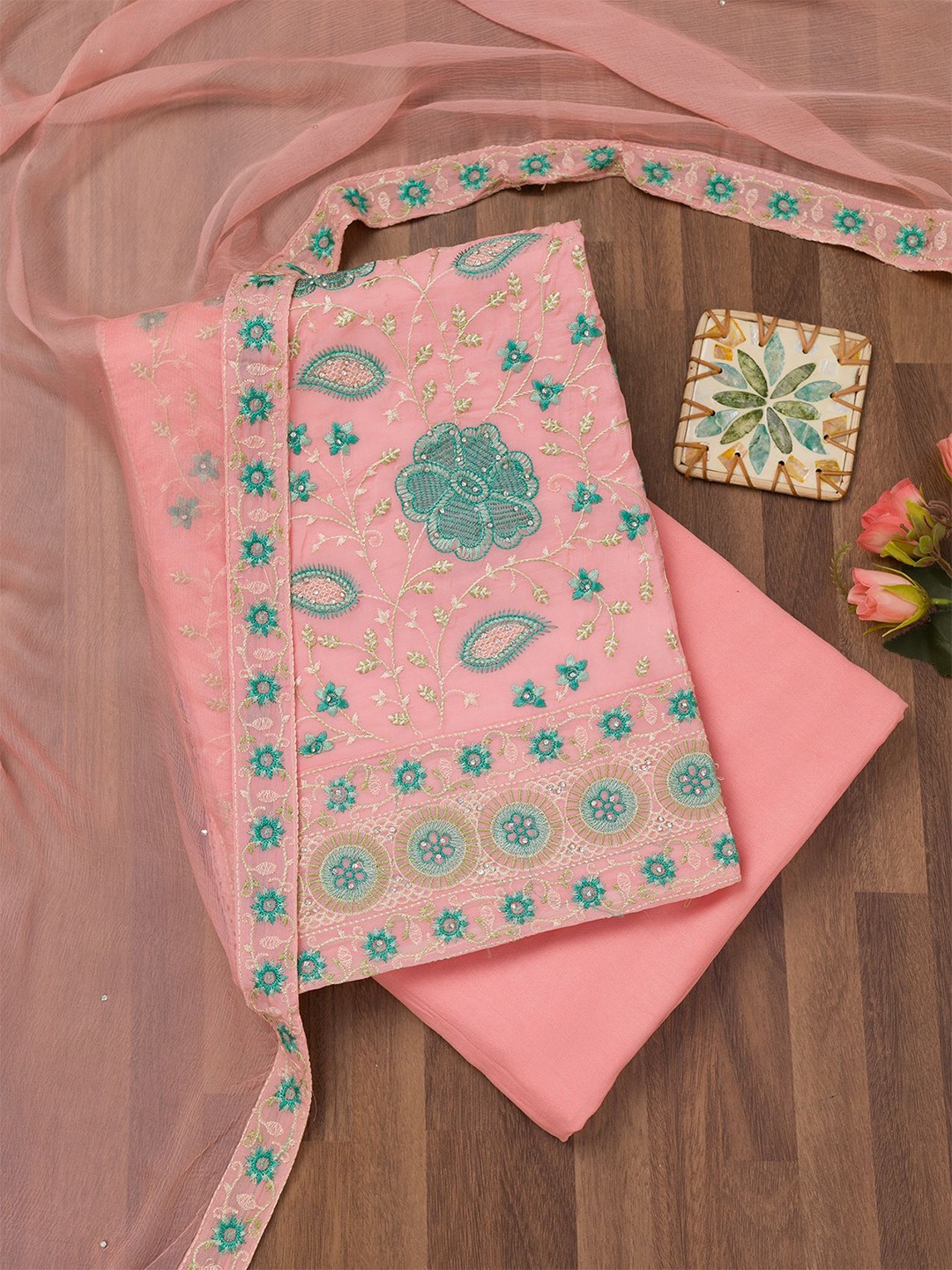 

Koskii Floral Embroidered Beads and Stones Unstitched Dress Material, Pink