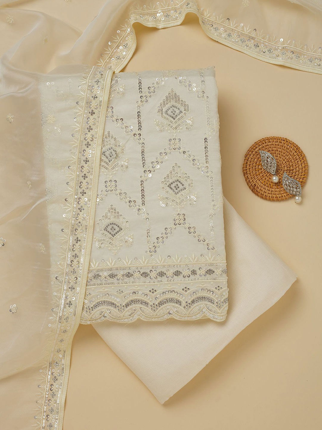 

Koskii Geometric Embroidered Zari Work Tissue Unstitched Dress Material, White