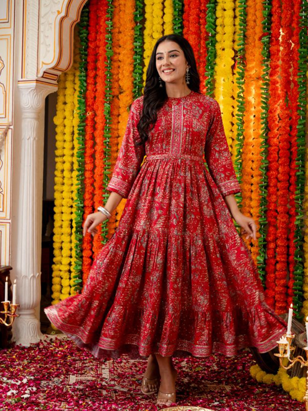 

KALINI Women Ethnic Motifs Printed Tiered Fit and Flare Maxi Ethnic Dress, Red