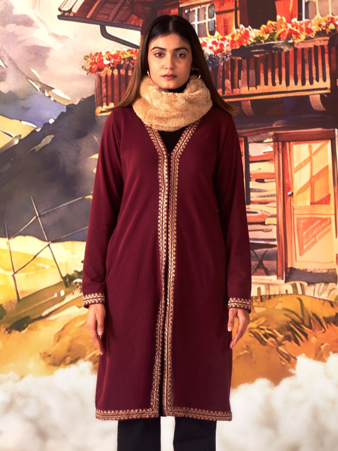 

Lakshita Embroidered Longline Woollen Shrug, Maroon