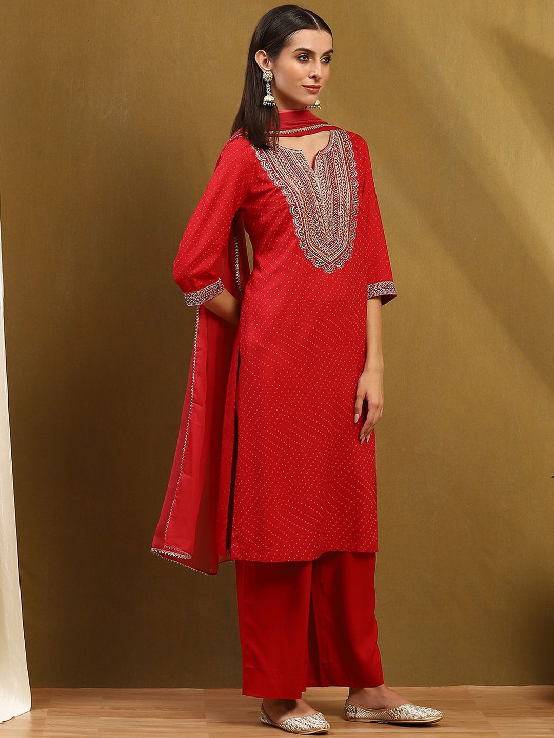 

Biba Ethnic Motifs Embroidered Sequinned Straight Kurta With Palazzo & Dupatta, Red