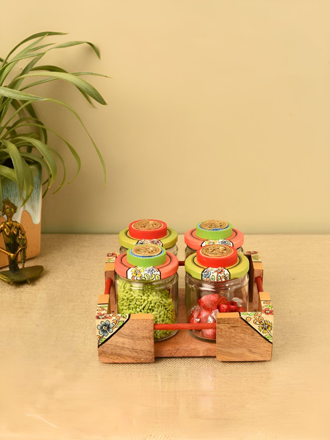 

AAKRITI ART CREATIONS Brown & Green 4 Pieces Wooden Containers With Tray