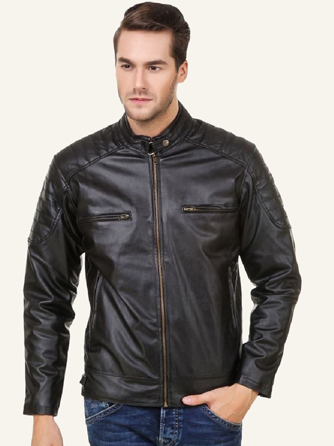 

Leather Retail Men Biker Jacket with Patchwork, Black