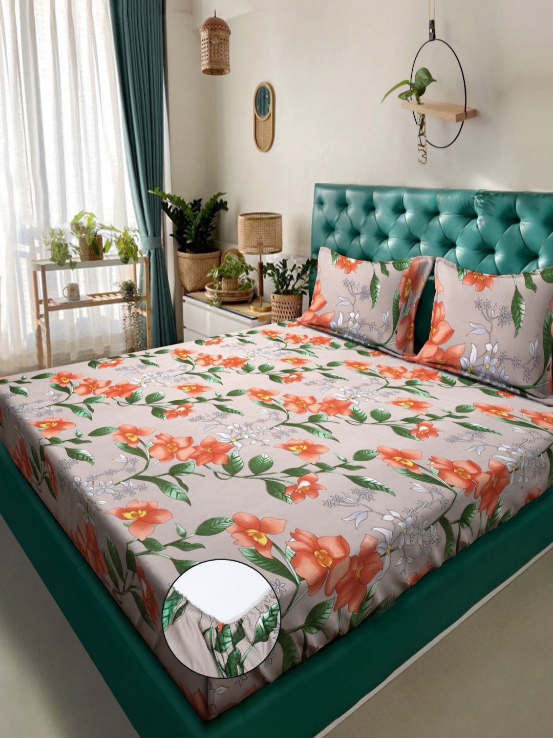 

Aura Beige & Green Floral Printed Fitted 300TC King Bedsheet With 2 Pillow Cover