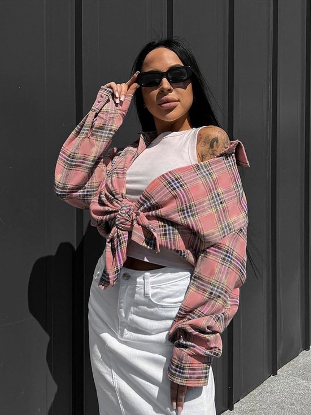 

KPOP Women Comfort Tartan Checks Opaque Checked Casual Shirt, Pink