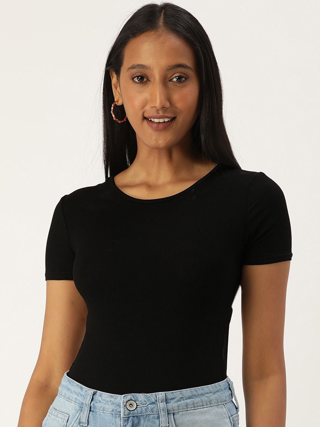 

SHECZZAR Women Round Neck Cotton Tie-Up Bodysuit, Black