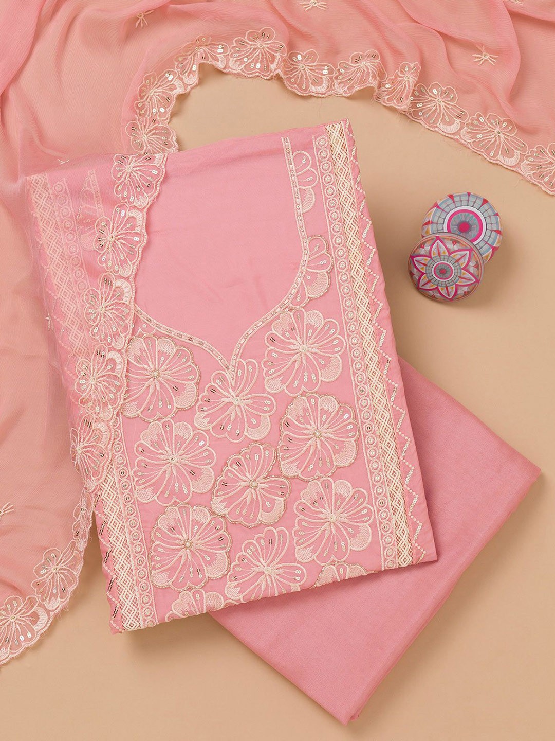 

Koskii Floral Embroidered Sequinned Unstitched Dress Material, Pink