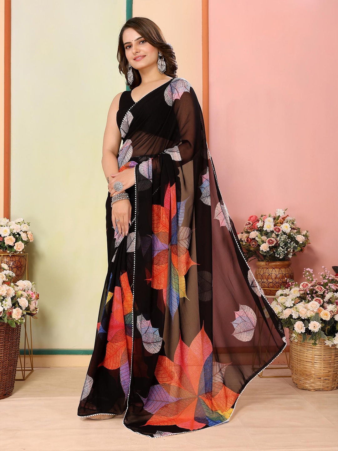 

VAIRAGEE Floral Printed Ready to Wear Saree, Black
