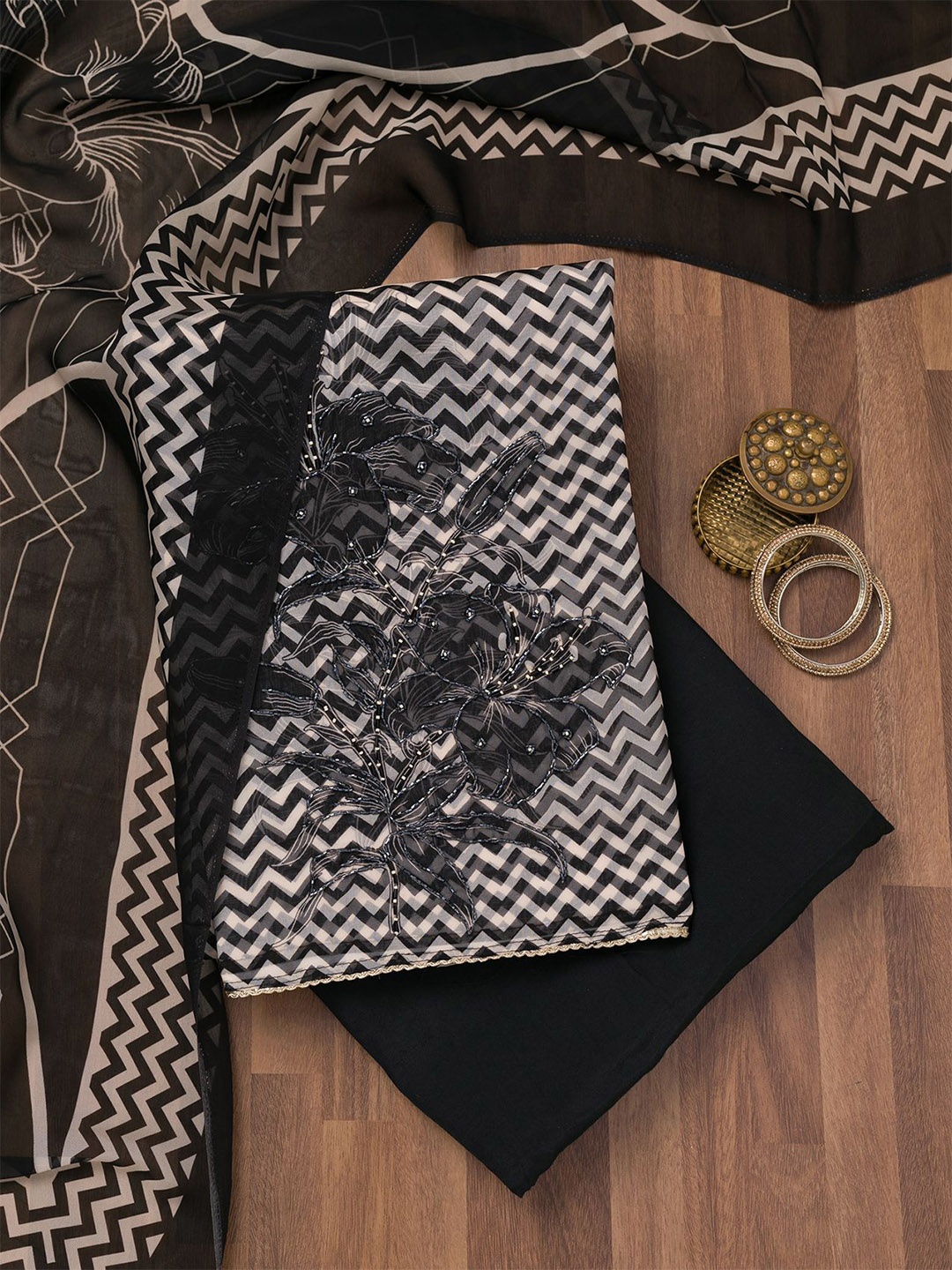 

Koskii Printed Beads and Stones Unstitched Dress Material, Black