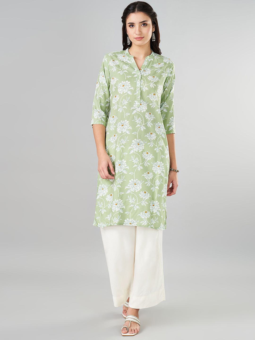 

RANGMANCH BY PANTALOONS Mandarin Collar Floral Printed Straight Kurta, Olive