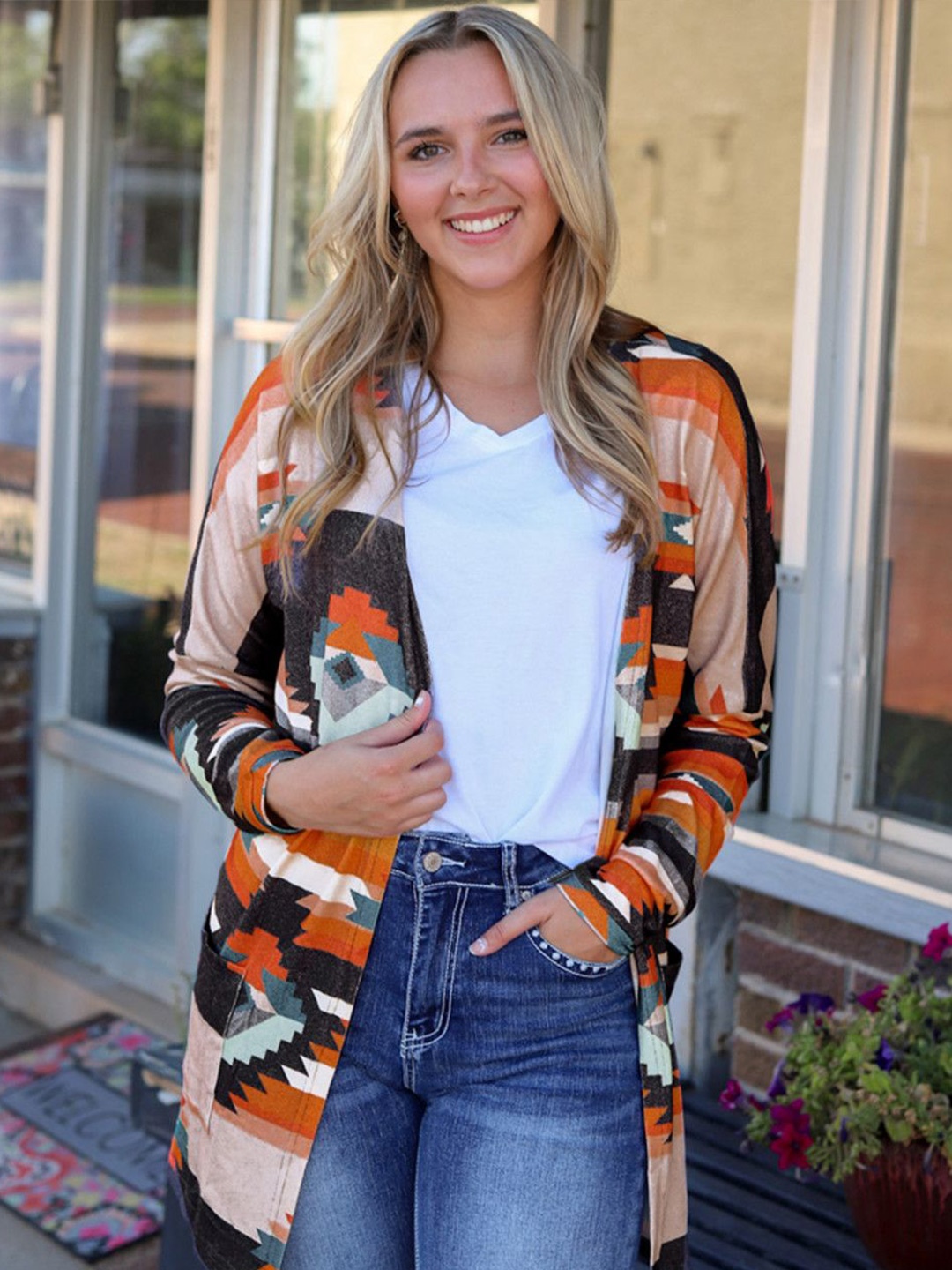 

HERE&NOW Women Printed Longline Cardigan, Orange