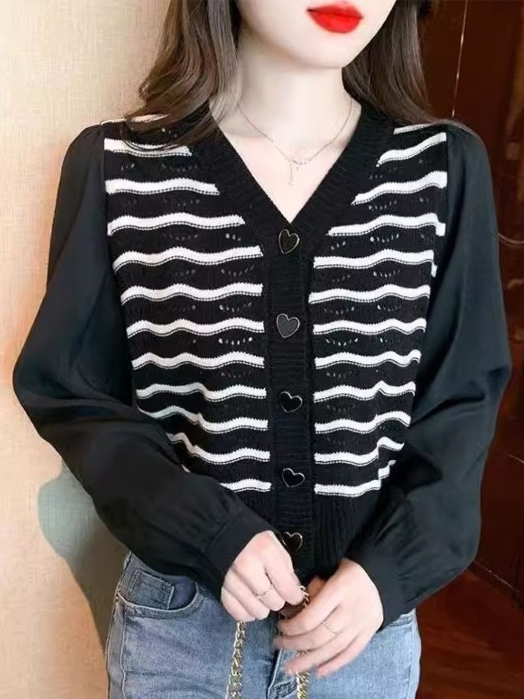 

KPOP Women Striped Cotton Sweaters, Black