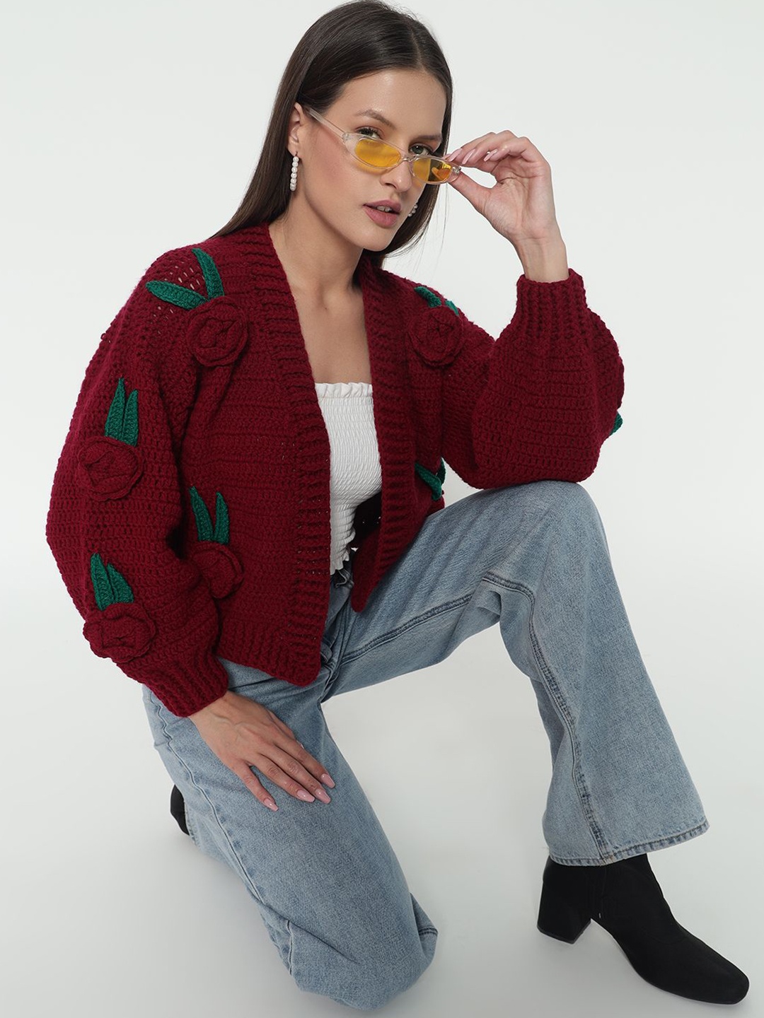 

Sugercandy Women Floral Printed with Embellished Detail Sweater, Maroon