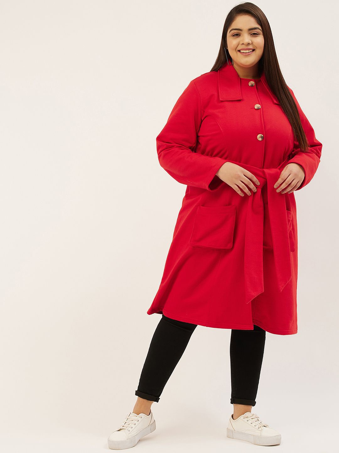 

theRebelinme Women Plus Size Spread Collar Long Sleeves Longline Winter Overcoat, Red