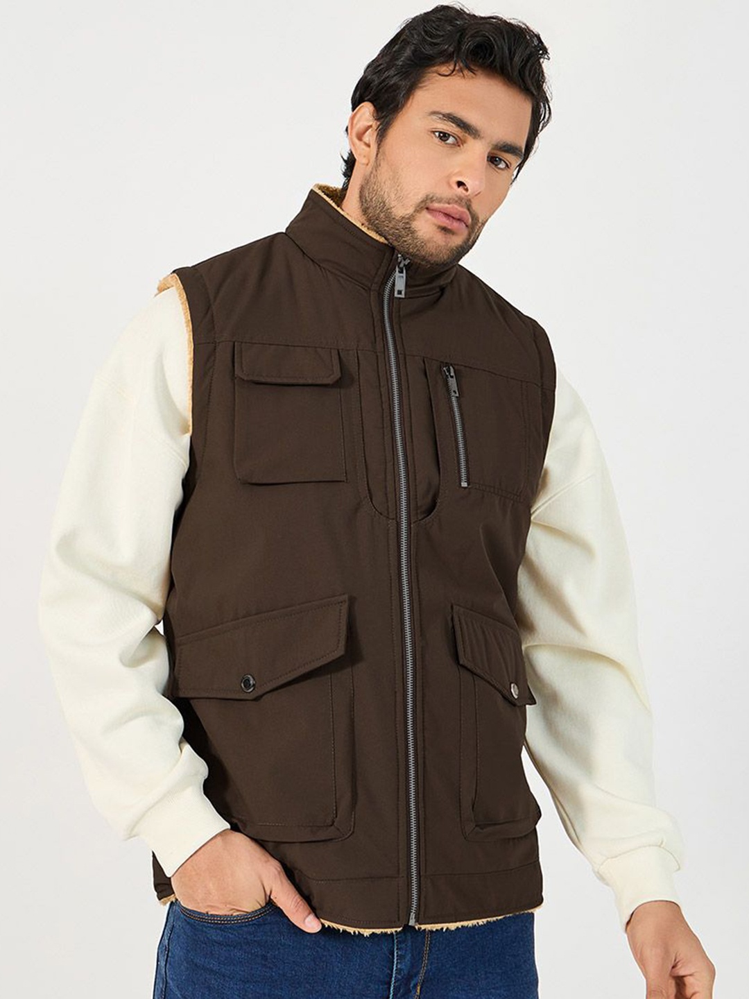 

Styli Sherpa Zip Up Stand Collar Gilet Tailored Jacket, Brown