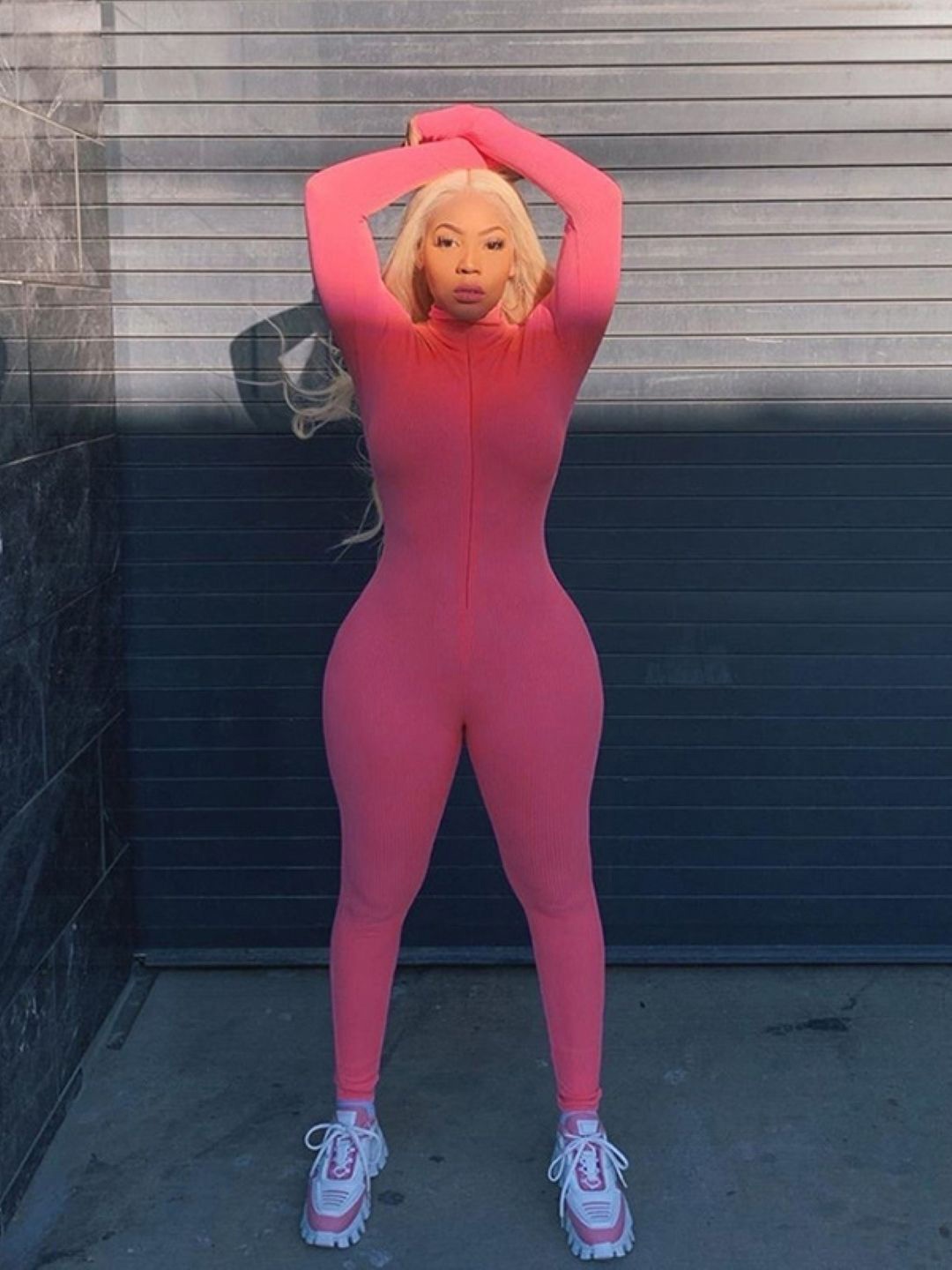 

KPOP Solid Long Sleeves Playsuit, Pink