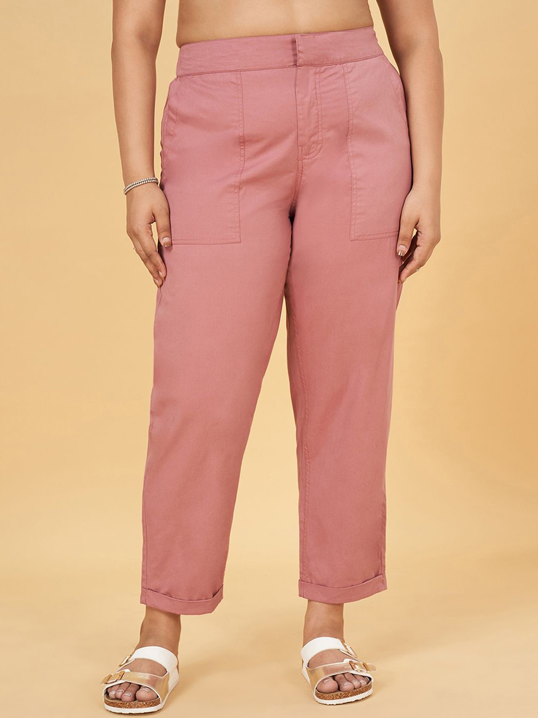 

Honey Curvytude by Pantaloons Women Cotton High-Rise Plus Size Trousers, Pink