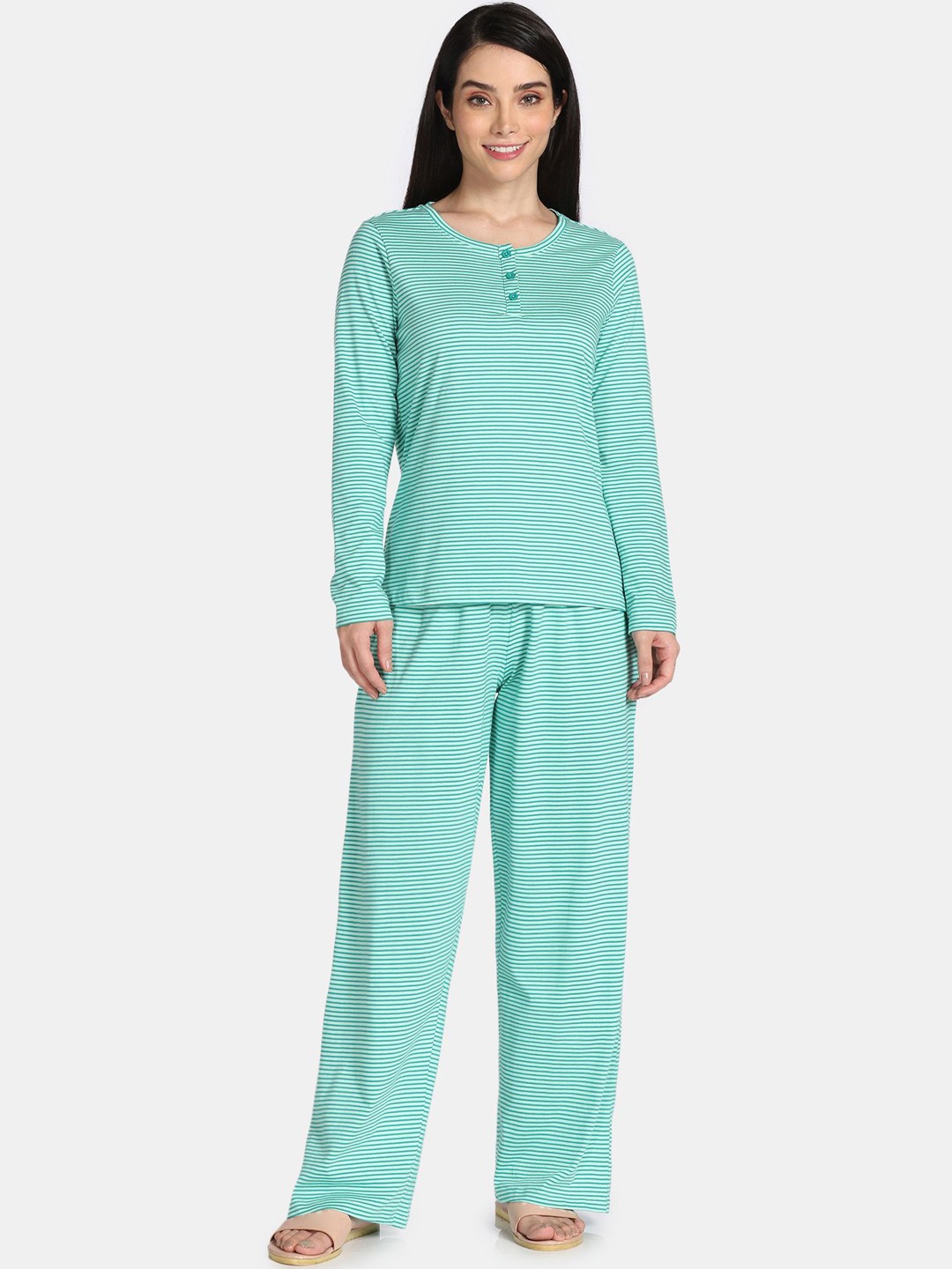 

Zivame Women Striped Round Neck Long Sleeves Night suit, Sea green