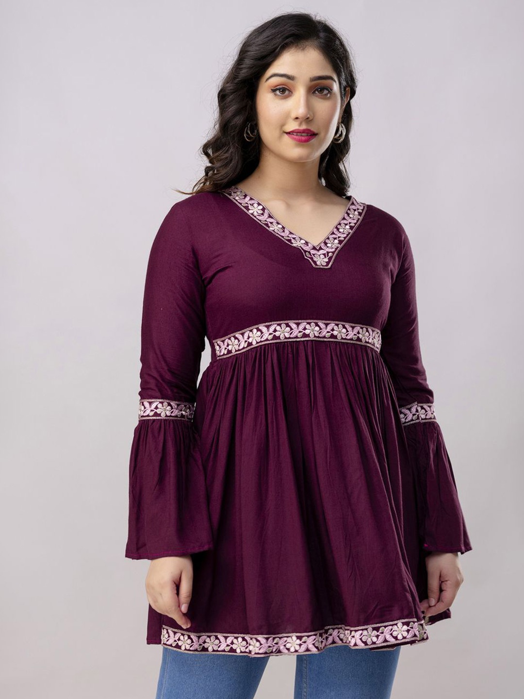 

Ksharaa Women Bell Sleeve Peplum Top, Maroon