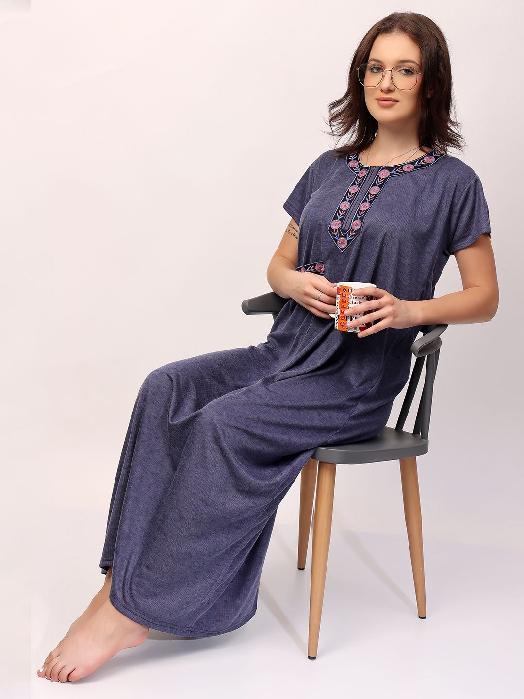 

NIGHT KEYS Women Round Neck Maxi Nightdress, Navy blue