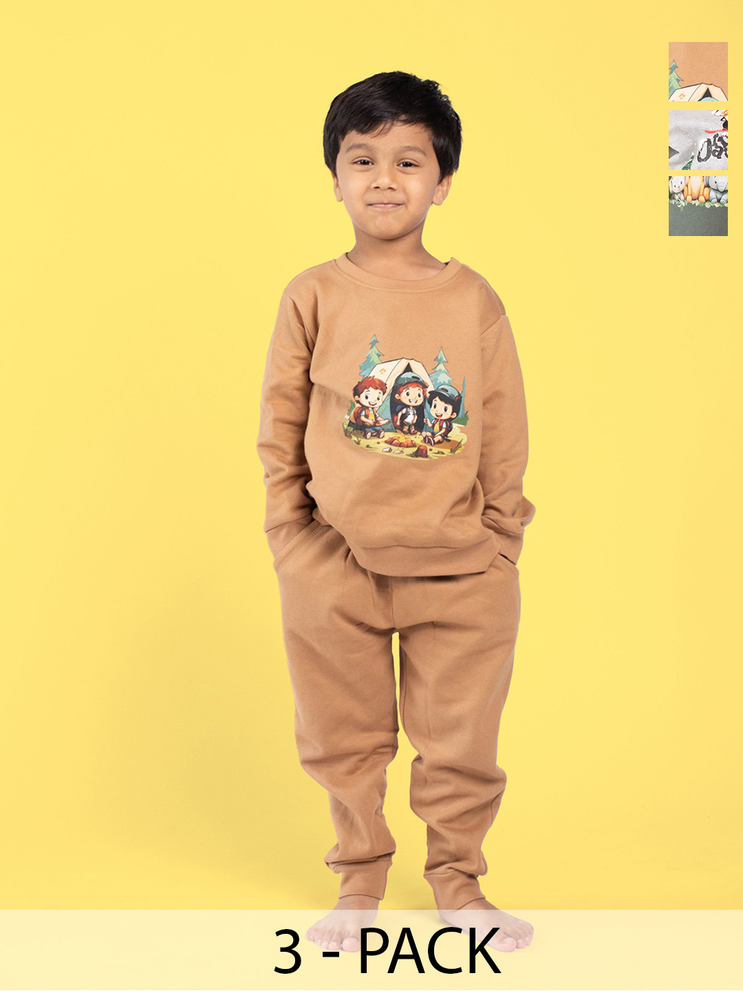 

Orange Sugar Kids Pack Of 3 Cartoon Characters Printed Pure Cotton Sweatshirt & Joggers, Brown