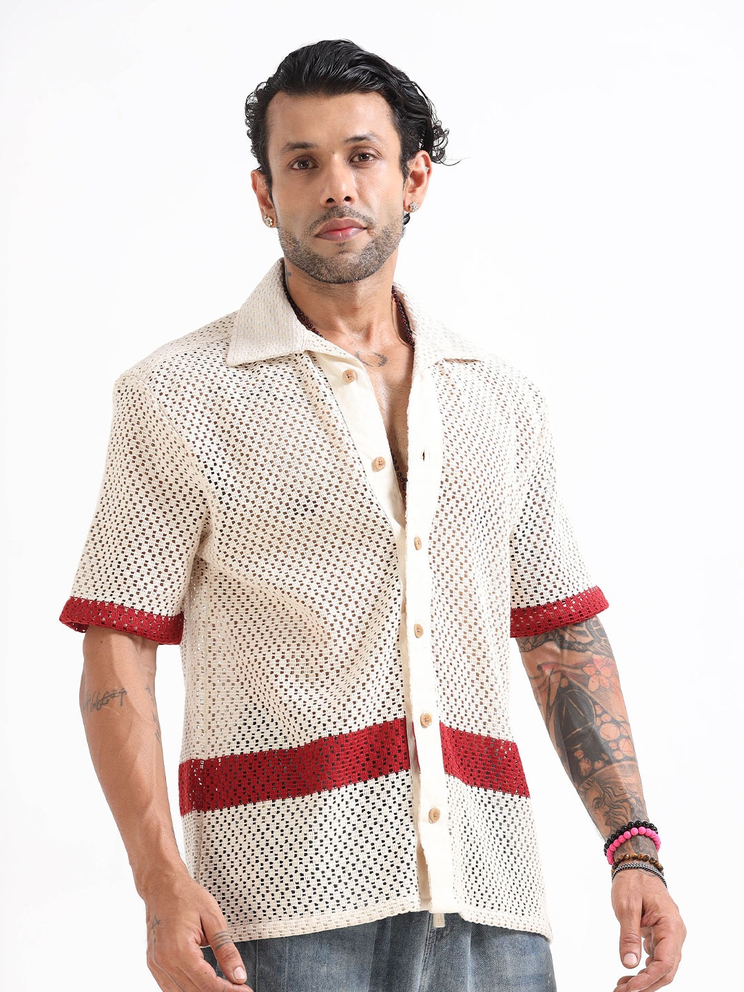 

Italian Colony Artisan Crochet Knit Casual Shirt, Cream