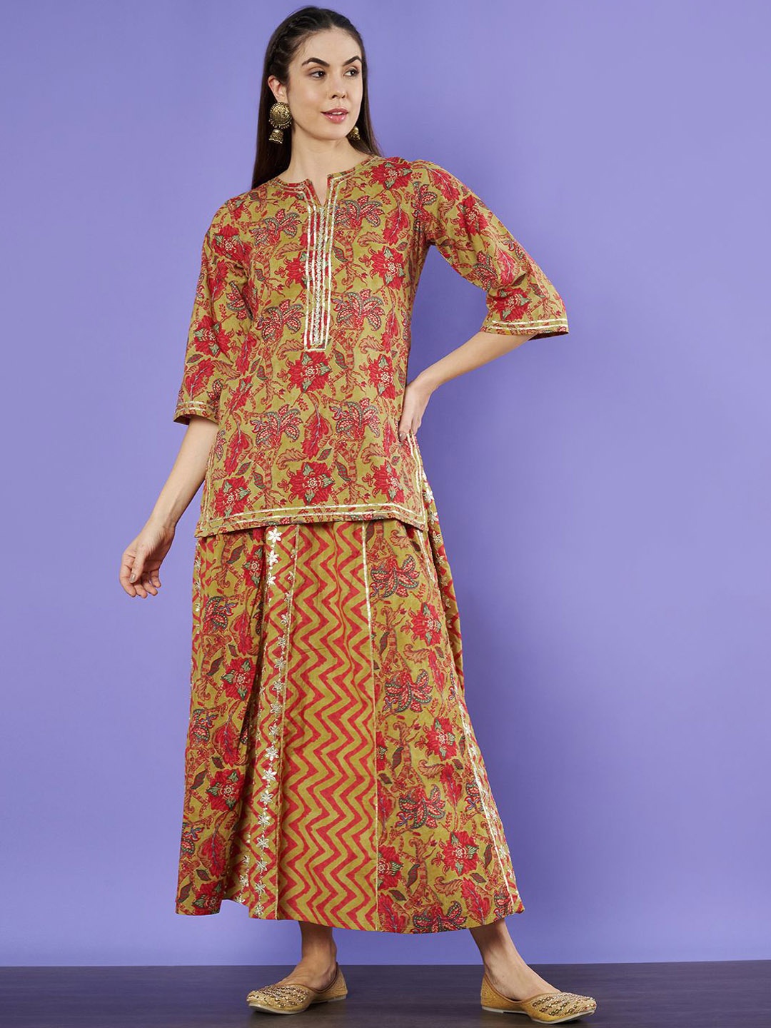 

COTLAND FASHION Floral Printed Gotta Patti Pure Cotton Kurti With Skirt, Mustard