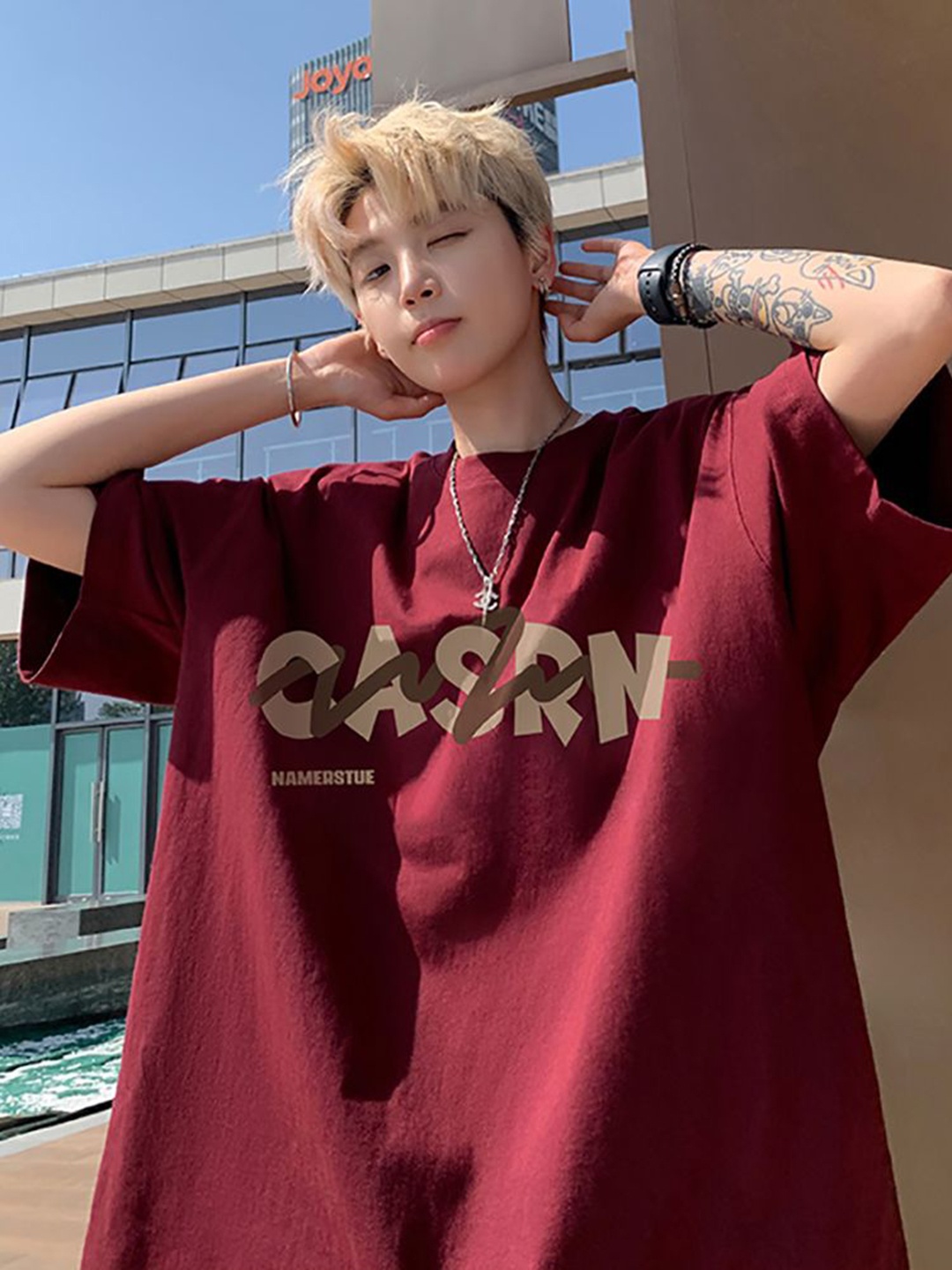 

StyleCast x Revolte Men Typography Printed Round Neck Oversized T-shirt, Maroon