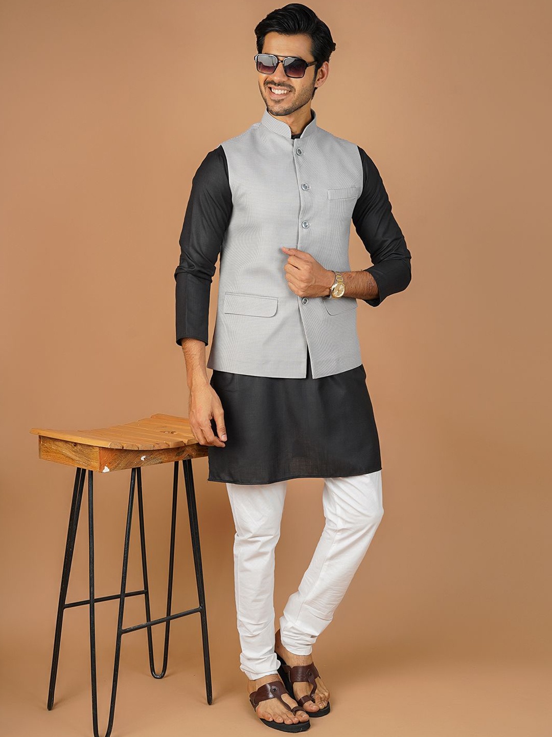

Wintage Mandarin Collar Cotton Silk Straight Kurta with Pyjamas & Nehru Jacket, Black