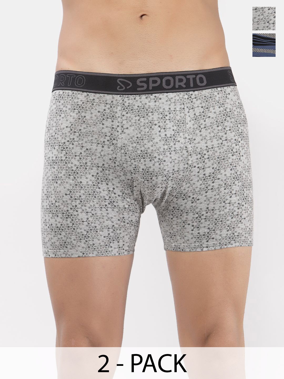 

SPORTO Men Pack Of 2 Printed Pure Cotton Trunks SP-TR-M1031-GM-BLK-S-2P-RE-, Grey