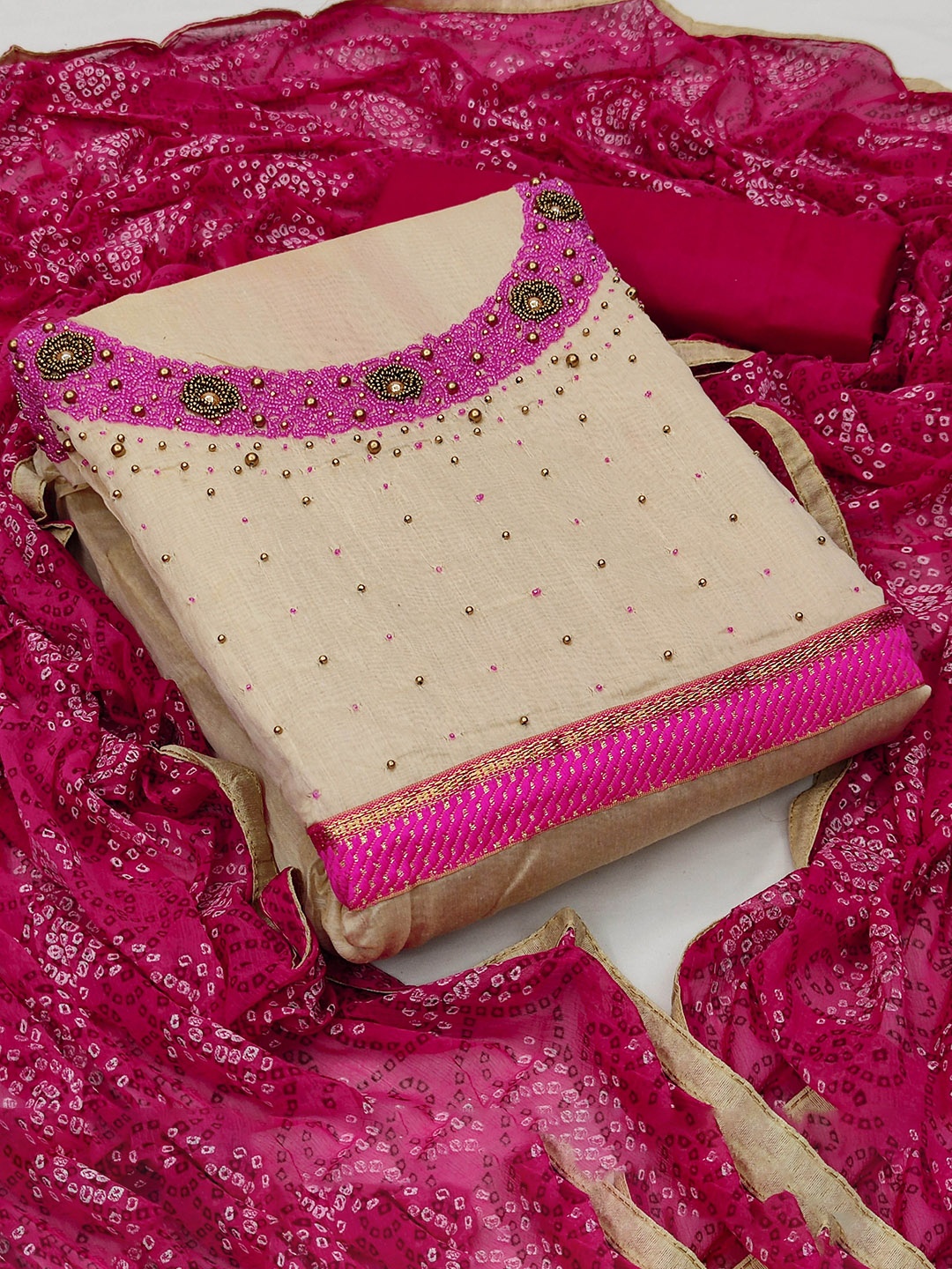 

Maroosh Ethnic Motifs Embroidered Beads and Stones Unstitched Dress Material, Beige
