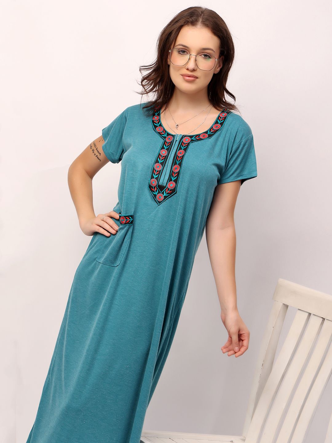 

NIGHT KEYS Women Round Neck Short Sleeves Maxi Nightdress, Blue