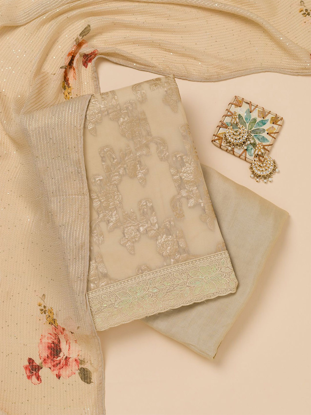 

Koskii Ethnic Motifs Embroidered Sequinned Unstitched Dress Material, Gold
