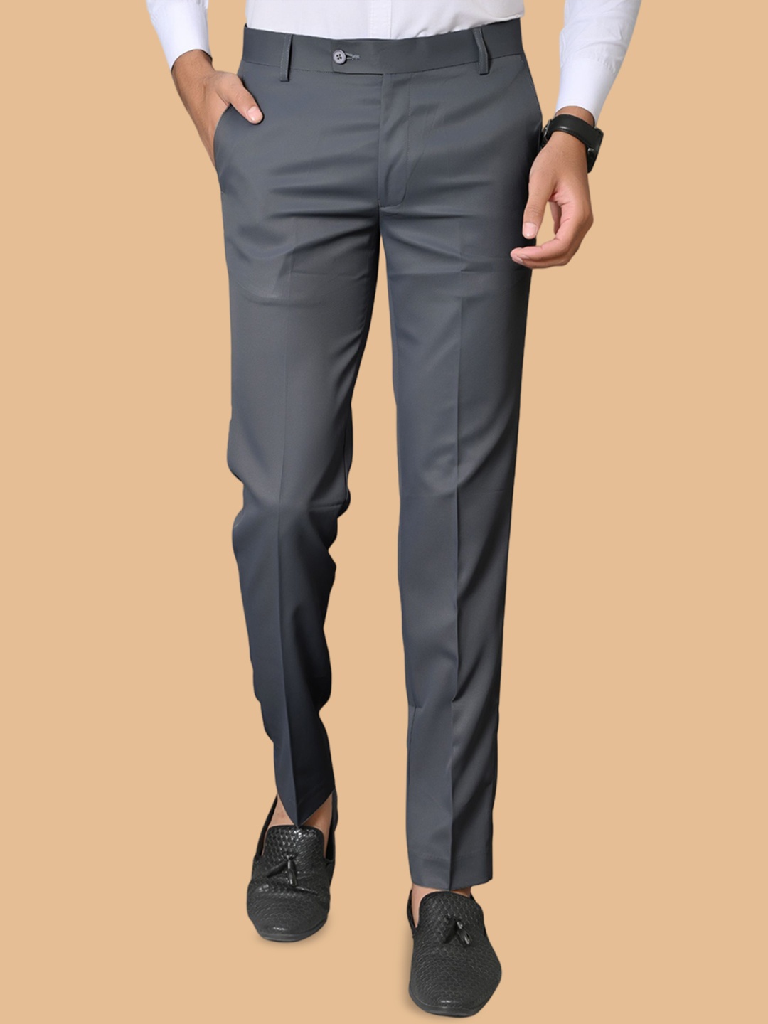 

el cielo Men Tailored Easy Wash Pleated Formal Trousers, Grey