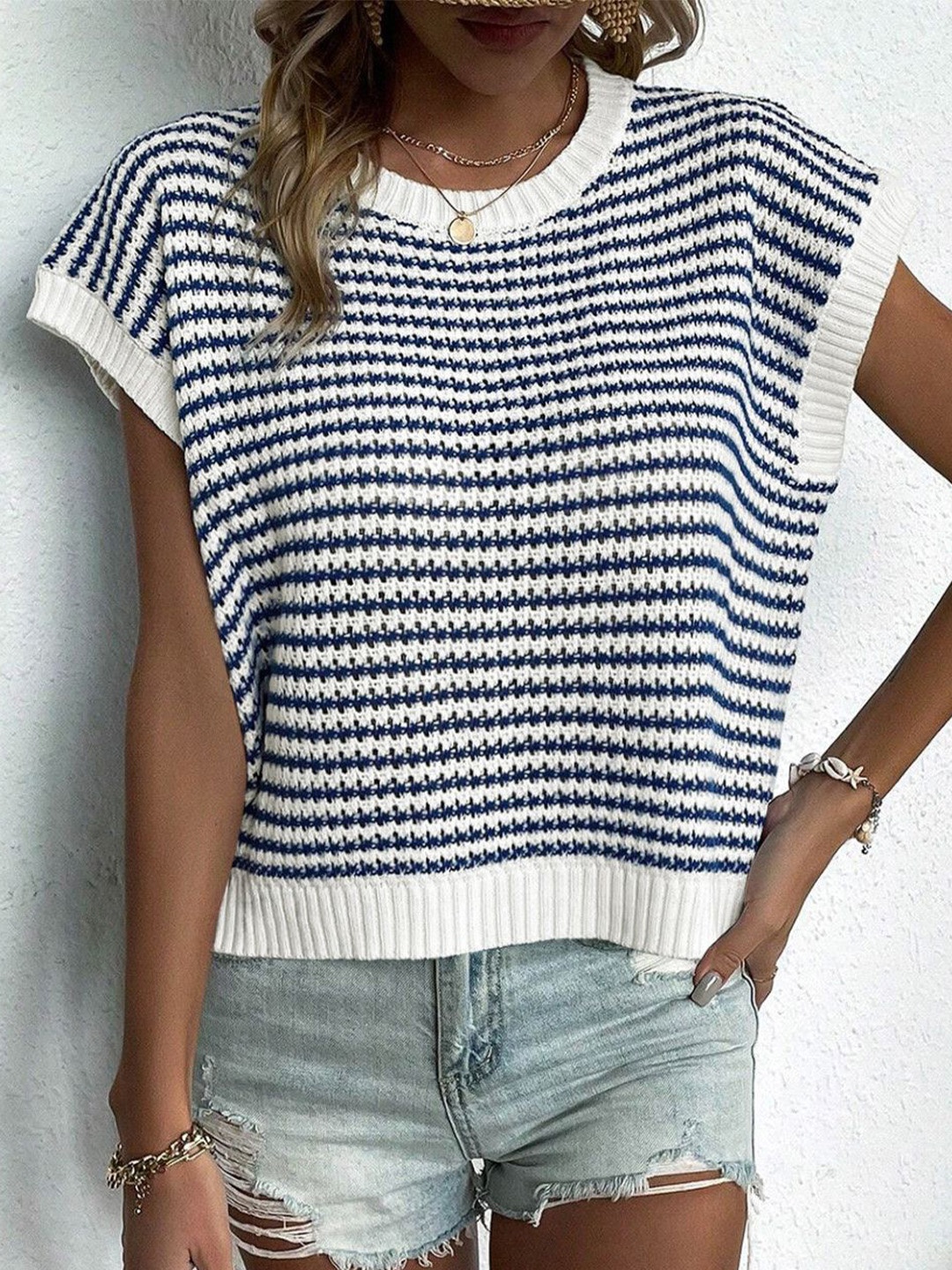 

HERE&NOW Women Cable Knit Striped Pullover Sweater, Blue