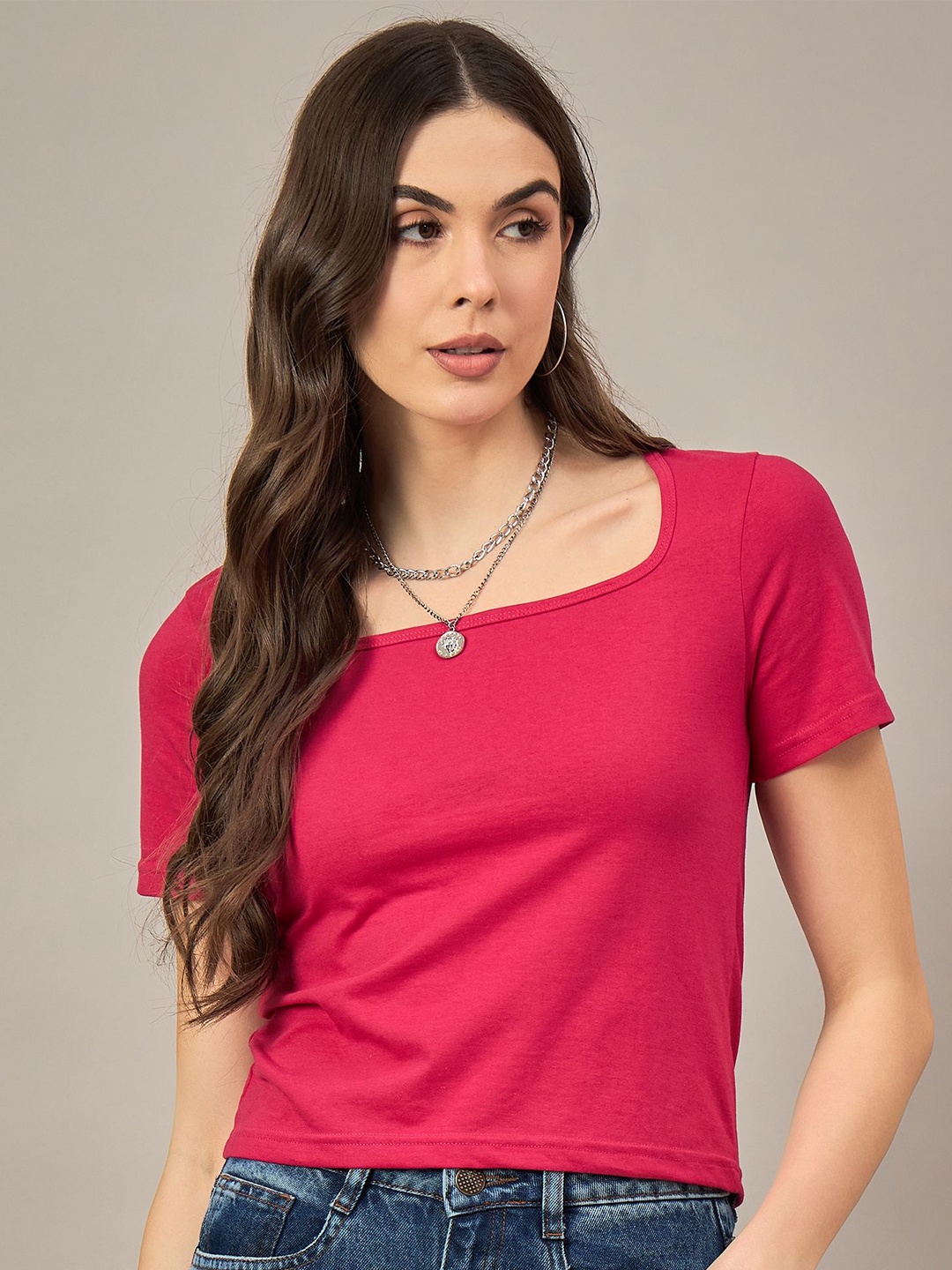 

The Roadster Lifestyle Co Cotton Square Neck Tshirt, Fuchsia