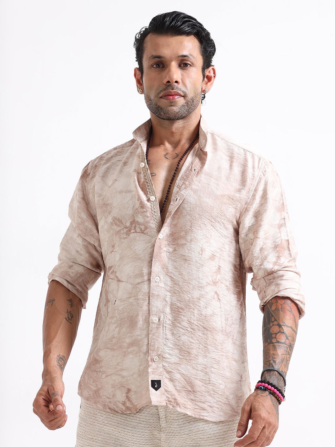 

Italian Colony Men Whispering Waves Mandarin Collar Casual Shirt, Cream