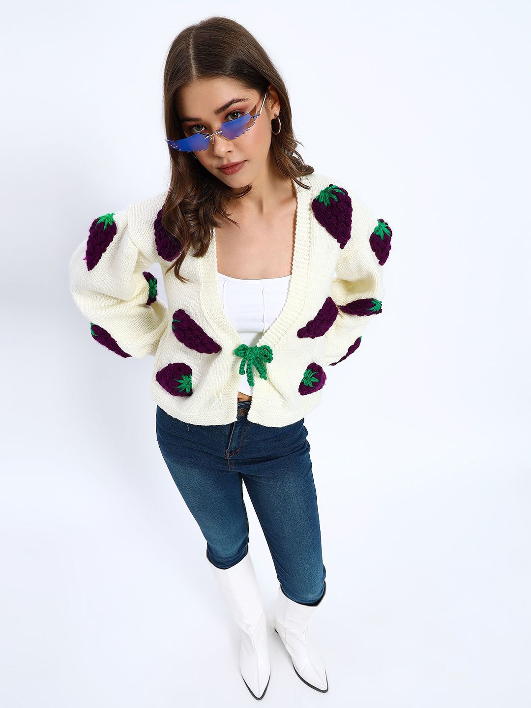 

Sugercandy Women Embroidered Woollen Cardigan, Cream
