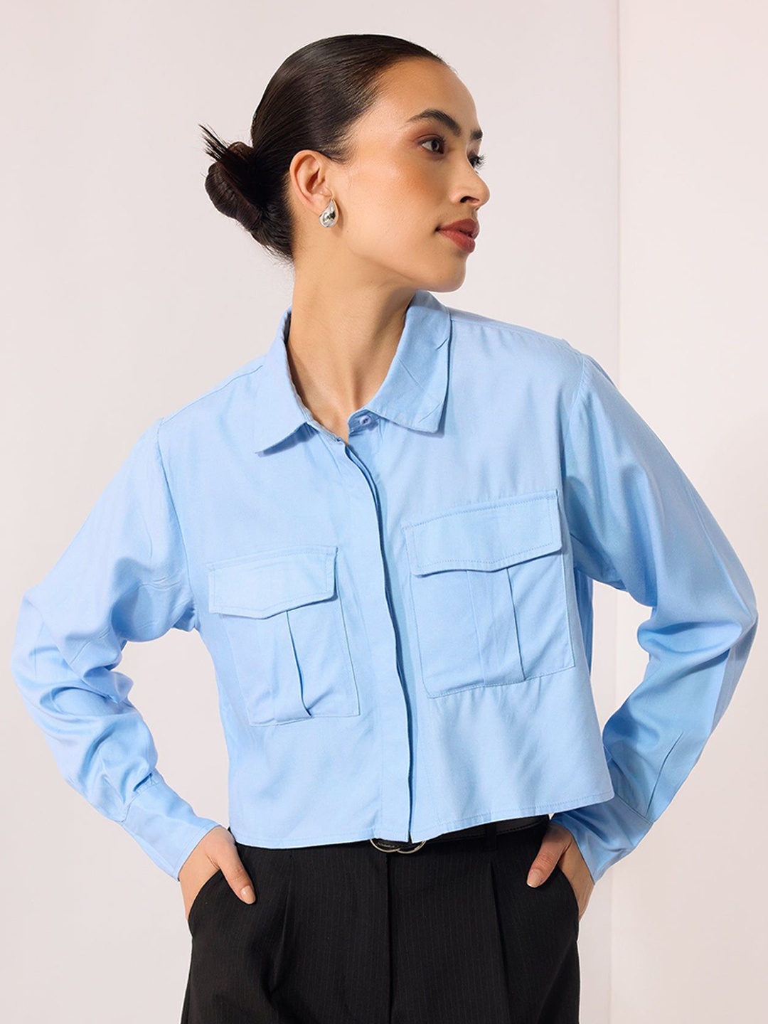 

Virgio Women Viscose Shirt Collar Regular Length Solid Cuff Sleeve Shirt, Blue